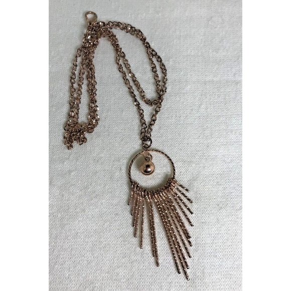 Gold Toned Fashion Sweater Necklace with a Circle Bead Pendant with Fringe - 34" - Picture 3 of 4